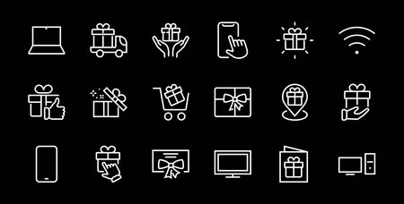 Gift Linear Icon Set contains gift box, gift purchase and delivery, geolocation mobile app, gift notification, SMS. Editable barcode, vector icons.のイラスト素材