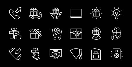 Gift Linear Icon Set contains gift box, gift purchase and delivery, geolocation mobile app, gift notification, SMS. Editable barcode, vector icons.のイラスト素材
