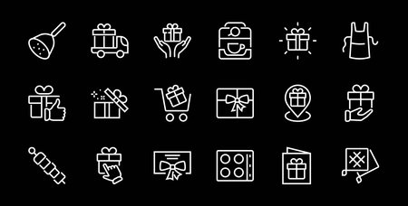 Gift Linear Icon Set contains gift box, gift purchase and delivery, geolocation mobile app, gift notification, SMS. Editable barcode, vector icons.のイラスト素材