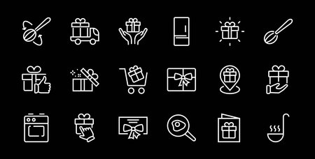 Gift Linear Icon Set contains gift box, gift purchase and delivery, geolocation mobile app, gift notification, SMS. Editable barcode, vector icons.のイラスト素材