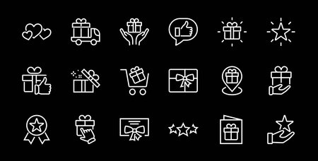 Gift Linear Icon Set contains gift box, gift purchase and delivery, geolocation mobile app, gift notification, SMS. Editable barcode, vector icons.のイラスト素材