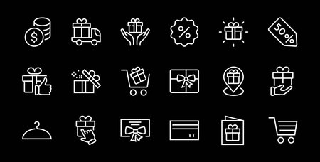Gift Linear Icon Set contains gift box, gift purchase and delivery, geolocation mobile app, gift notification, SMS. Editable barcode, vector icons.のイラスト素材