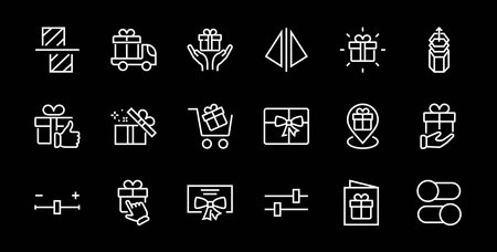 Gift Linear Icon Set contains gift box, gift purchase and delivery, geolocation mobile app, gift notification, SMS. Editable barcode, vector icons.のイラスト素材