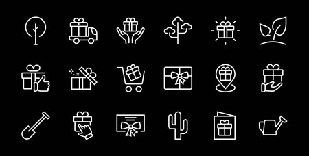 Gift Linear Icon Set contains gift box, gift purchase and delivery, geolocation mobile app, gift notification, SMS. Editable barcode, vector icons.のイラスト素材