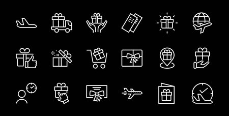 Gift Linear Icon Set contains gift box, gift purchase and delivery, geolocation mobile app, gift notification, SMS. Editable barcode, vector icons.のイラスト素材
