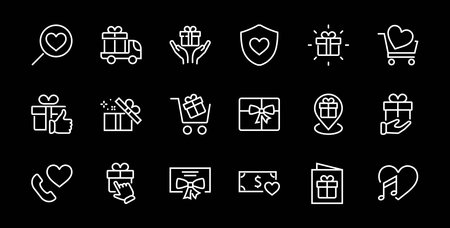 Gift Linear Icon Set contains gift box, gift purchase and delivery, geolocation mobile app, gift notification, SMS. Editable barcode, vector icons.のイラスト素材