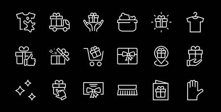 Gift Linear Icon Set contains gift box, gift purchase and delivery, geolocation mobile app, gift notification, SMS. Editable barcode, vector icons.のイラスト素材