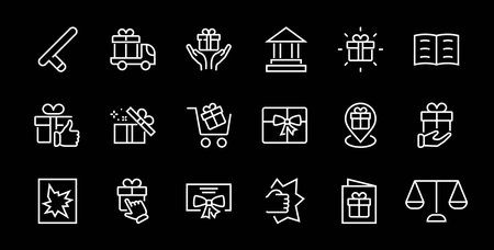 Gift Linear Icon Set contains gift box, gift purchase and delivery, geolocation mobile app, gift notification, SMS. Editable barcode, vector icons.のイラスト素材
