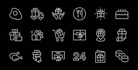 Gift Linear Icon Set contains gift box, gift purchase and delivery, geolocation mobile app, gift notification, SMS. Editable barcode, vector icons.のイラスト素材