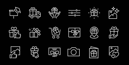 Gift Linear Icon Set contains gift box, gift purchase and delivery, geolocation mobile app, gift notification, SMS. Editable barcode, vector icons.のイラスト素材