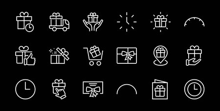 Gift Linear Icon Set contains gift box, gift purchase and delivery, geolocation mobile app, gift notification, SMS. Editable barcode, vector icons.のイラスト素材
