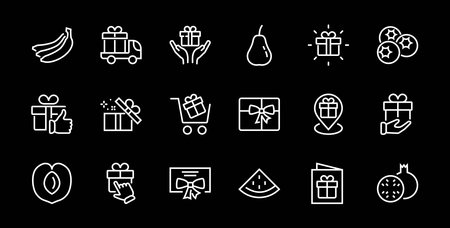 Gift Linear Icon Set contains gift box, gift purchase and delivery, geolocation mobile app, gift notification, SMS. Editable barcode, vector icons.のイラスト素材