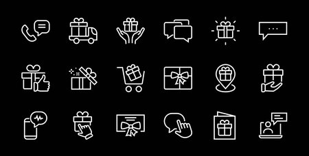 Gift Linear Icon Set contains gift box, gift purchase and delivery, geolocation mobile app, gift notification, SMS. Editable barcode, vector icons.のイラスト素材