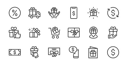 Gift Linear Icon Set contains gift box, gift purchase and delivery, geolocation mobile app, gift notification, SMS. Editable barcode, vector icons.のイラスト素材