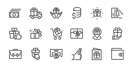 Gift Linear Icon Set contains gift box, gift purchase and delivery, geolocation mobile app, gift notification, SMS. Editable barcode, vector icons.のイラスト素材
