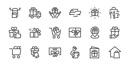 Gift Linear Icon Set contains gift box, gift purchase and delivery, geolocation mobile app, gift notification, SMS. Editable barcode, vector icons.のイラスト素材