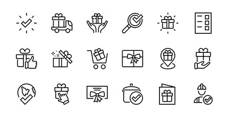 Gift Linear Icon Set contains gift box, gift purchase and delivery, geolocation mobile app, gift notification, SMS. Editable barcode, vector icons.のイラスト素材