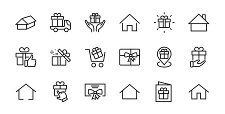 Gift Linear Icon Set contains gift box, gift purchase and delivery, geolocation mobile app, gift notification, SMS. Editable barcode, vector icons.のイラスト素材