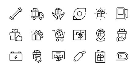 Gift Linear Icon Set contains gift box, gift purchase and delivery, geolocation mobile app, gift notification, SMS. Editable barcode, vector icons.のイラスト素材