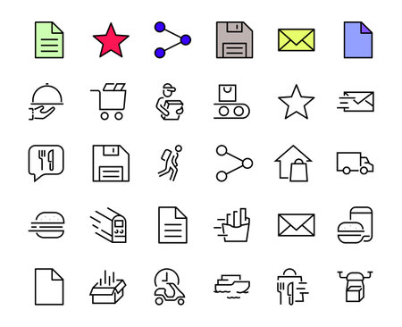 PIZZA DELIVERY, and Food Icon Set Vector thin line, contains courier, home delivery, food ordering, fast transport, drone, ship, car, editable stroke. ICONS circuitsのイラスト素材