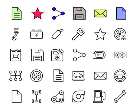 AUTO PARTS Set of Icons related vector line icons. Contains icons such as parts, oil, diagnostics, turbine, steering wheel, key, chassis, gearbox and much more. Editable strokeのイラスト素材