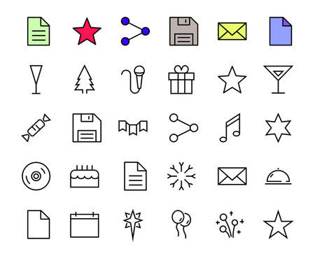 Simple set of celebration icons related to vector line. Contains icons such as music, new year, stars, balls, cake, karaoke, dj and much more. Editable stroke. 480x480のイラスト素材