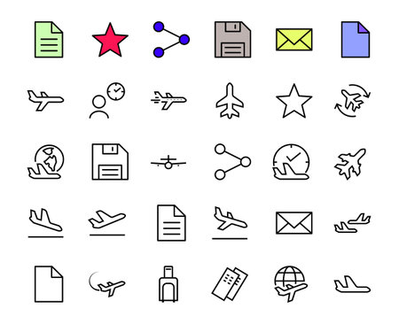 A simple set of airport related vector line icons. Contains badges such as departure, boarding, waiting time, boarding, find a place to travel tickets, and much more. Editable stroke. 48x48 pixelsのイラスト素材