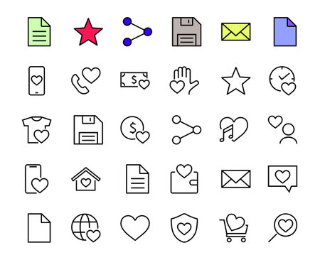 The set of icons about love contains such icons as love of music, declaration of love, heart, favorite home, Linear set. Vector on a white background. Editable stroke. 480x480のイラスト素材