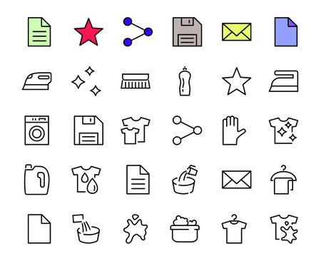 Simple set of washing related vector line Icons. Contains icons such as washing machine, powder, laundry, dirty t-shirt and much more. On a white background, editable stroke. 48x48 pixels perfectの写真素材