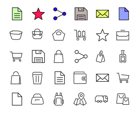 Simple set of bags, shopping and travel icons. Vector illustration Contains icons such as Card, wallet, shopping basket, discount, bowl, package. On a white background, editable strokeのイラスト素材