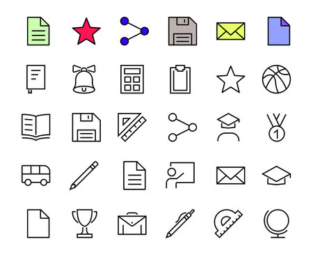A simple set of school items. Contains icons such as student, award, geography, physical education, geometry and more. On white background. Editable stroke. 480x480のイラスト素材