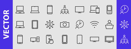 GADGET Set of vector icons of smart devices such as laptop, tablet, protection program, phone, digital network, thin line vector gadget icons, editable stroke.のイラスト素材