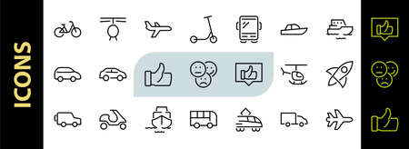 Set of public transport related vector line icons. Contains icons such as bus, bike, suitcase, car, scooter, truck, transport, trolley bus, sailboat, motor boat, plane and much more. editable strokeのイラスト素材