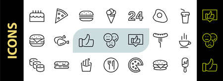 A simple set of fast food icons related to the vector line. Contains icons such as pizza, burger, sushi, bike, scrambled eggs and more. EDITABLE stroke.のイラスト素材