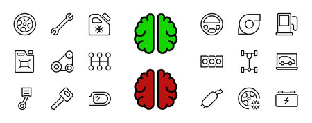 AUTO PARTS Set of Icons related vector line icons. Contains icons such as parts, oil, diagnostics, turbine, steering wheel, key, chassis, gearbox and much more. Editable stroke.のイラスト素材