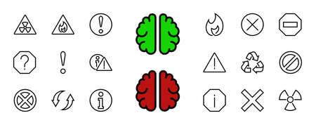 WARNINGS simple set of thin line vector icons. Contains icons such as warning, exclamation mark, reuse, warning sign and more. Editable stroke. vector illustration.のイラスト素材