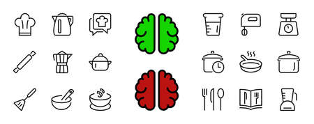 Set of icons for cooking and kitchen, vector lines, contains icons such as a knife, saucepan, boiling time, mixer, scales, recipe book. Editable stroke, perfect 480x480 pixels, white background.のイラスト素材