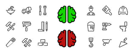 Set of construction icons, simple vector lines, contains the following icons: builder, roller, hammer with wrench, toilet bowl and much more. Editable stroke. 48x48 pixels perfect, white background.のイラスト素材
