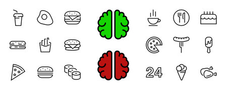 A simple set of fast food icons related to the vector line. Contains icons such as pizza, burger, sushi, bike, scrambled eggs and more.のイラスト素材