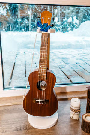 Ukulele by the window overlooking the forest in winter