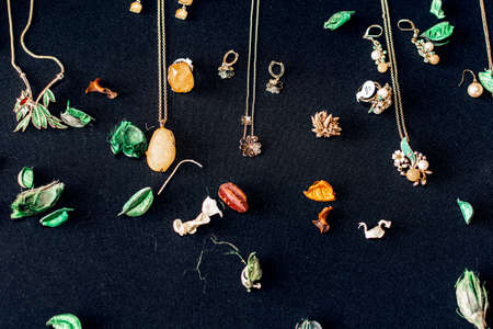 Women jewelry made of stone on a fabric backgroundの写真素材