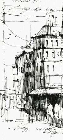 Old town cafe black ink hand drawn illustrationの写真素材