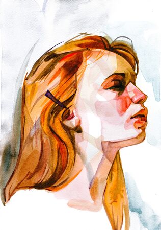 Modern Young red headed woman portrait hand drawn watercolor illustrationの写真素材