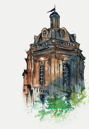 Old French building architecture raster watercolor and ink illustrationの写真素材