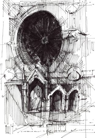 Cathedral gothic rose window hand drawn illustration. Florence duomo architectural element black sketch. Old church facade ink drawing. Round glass ancient building window with bird compositionの写真素材