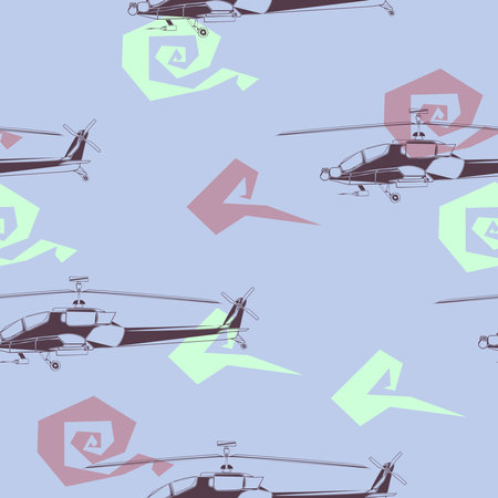 Seamless pattern. Military helicopter with clouds. Backdrop with combat vehicle. Colorful illustration isolated on purple background.の写真素材