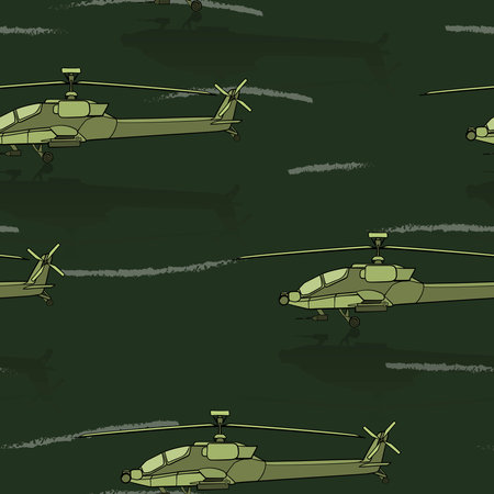 Seamless pattern. Military helicopters. Backdrop with combat vehicle. Colorful illustration isolated on green background.の写真素材