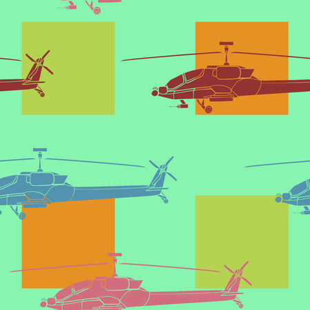 Seamless pattern. Colorful Military helicopter. Backdrop with combat vehicle. Colorful illustration isolated on background.の写真素材