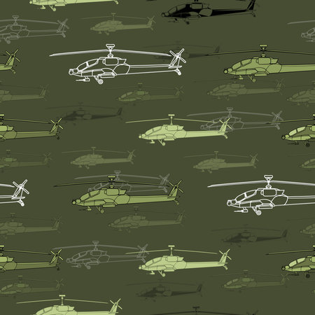 Seamless pattern. A lot of Military helicopters. Backdrop with combat vehicle. Colorful illustration isolated on green background.の写真素材