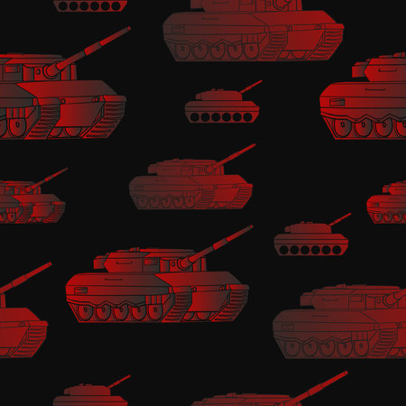 Seamless pattern with red military Tanks. Backdrop with combat vehicle. Colorful illustration isolated on grey background.の写真素材
